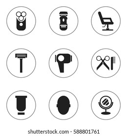 Set Of 9 Editable Tonsorial Artist Icons. Includes Symbols Such As Elbow Chair, Barber Tools, Shaver And More. Can Be Used For Web, Mobile, UI And Infographic Design.