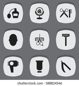 Set Of 9 Editable Tonsorial Artist Icons. Includes Symbols Such As Shaver, Hairdresser Set, Container And More. Can Be Used For Web, Mobile, UI And Infographic Design.