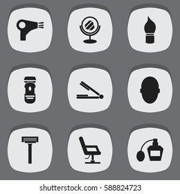 Set Of 9 Editable Tonsorial Artist Icons. Includes Symbols Such As Take The Hair Dryer, Elbow Chair, Desiccator And More. Can Be Used For Web, Mobile, UI And Infographic Design.