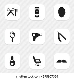 Set Of 9 Editable Tonsorial Artist Icons. Includes Symbols Such As Elbow Chair, Blade, Whiskers And More. Can Be Used For Web, Mobile, UI And Infographic Design.