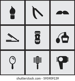 Set Of 9 Editable Tonsorial Artist Icons. Includes Symbols Such As Whiskers, Charger, Reflector And More. Can Be Used For Web, Mobile, UI And Infographic Design.