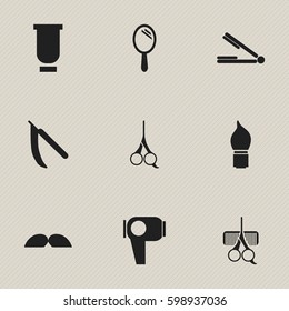 Set Of 9 Editable Tonsorial Artist Icons. Includes Symbols Such As Take The Hair Dryer, Hair Drier, Container And More. Can Be Used For Web, Mobile, UI And Infographic Design.