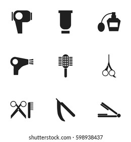 Set Of 9 Editable Tonsorial Artist Icons. Includes Symbols Such As Barber Tools, Scent, Container And More. Can Be Used For Web, Mobile, UI And Infographic Design.