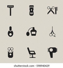 Set Of 9 Editable Tonsorial Artist Icons. Includes Symbols Such As Cut Tool, Shaving, Elbow Chair And More. Can Be Used For Web, Mobile, UI And Infographic Design.