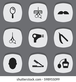 Set Of 9 Editable Tonsorial Artist Icons. Includes Symbols Such As Brains, Scent, Hairdresser Set And More. Can Be Used For Web, Mobile, UI And Infographic Design.