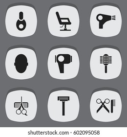 Set Of 9 Editable Tonsorial Artist Icons. Includes Symbols Such As Barber Tools, Brains, Hairdresser Set And More. Can Be Used For Web, Mobile, UI And Infographic Design.