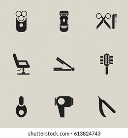 Set Of 9 Editable Tonsorial Artist Icons. Includes Symbols Such As Vial, Cutter Apparatus, Elbow Chair And More. Can Be Used For Web, Mobile, UI And Infographic Design.