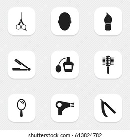 Set Of 9 Editable Tonsorial Artist Icons. Includes Symbols Such As Desiccator, Scent, Brains And More. Can Be Used For Web, Mobile, UI And Infographic Design.