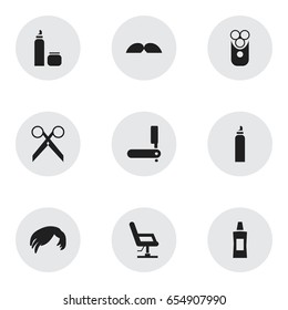 Set Of 9 Editable Tonsorial Artist Icons. Includes Symbols Such As Gel, Cutter Apparatus, Elbow Chair And More. Can Be Used For Web, Mobile, UI And Infographic Design.