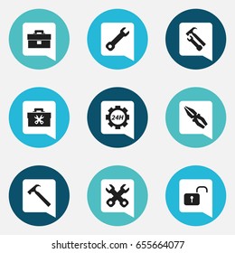 Set Of 9 Editable Tool Icons. Includes Symbols Such As Spanner, Fixing Equipment, Wrench Hammer And More. Can Be Used For Web, Mobile, UI And Infographic Design.
