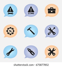 Set Of 9 Editable Tool Icons. Includes Symbols Such As Portfolio, Wrench, Warning And More. Can Be Used For Web, Mobile, UI And Infographic Design.