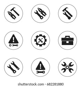 Set Of 9 Editable Tool Icons. Includes Symbols Such As Instrument, Pliers Hammer, Screwdriver Wrench And More. Can Be Used For Web, Mobile, UI And Infographic Design.