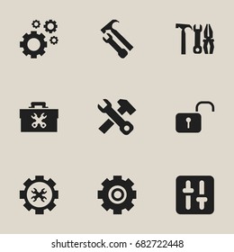 Set Of 9 Editable Tool Icons. Includes Symbols Such As Options, Cogwheels, Opened Padlock And More. Can Be Used For Web, Mobile, UI And Infographic Design.