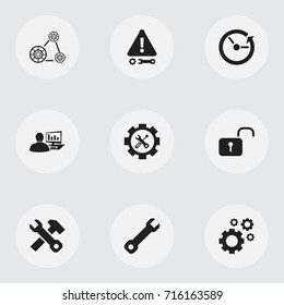 Set Of 9 Editable Tool Icons. Includes Symbols Such As Settings, Screwdriver Wrench, Caution And More. Can Be Used For Web, Mobile, UI And Infographic Design.