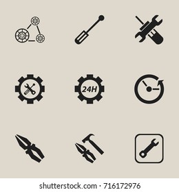 Set Of 9 Editable Tool Icons. Includes Symbols Such As Screwdriver, Fix Tool, Pliers Hammer And More. Can Be Used For Web, Mobile, UI And Infographic Design.