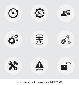 Set Of 9 Editable Tool Icons. Includes Symbols Such As Settings, Computer Statistics, Time And More. Can Be Used For Web, Mobile, UI And Infographic Design.