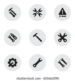 Set Of 9 Editable Toolkit Icons. Includes Symbols Such As Wrench, Caution, Spanner And More. Can Be Used For Web, Mobile, UI And Infographic Design.