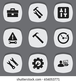 Set Of 9 Editable Toolkit Icons. Includes Symbols Such As Time, Wrench Hammer, Warning And More. Can Be Used For Web, Mobile, UI And Infographic Design.
