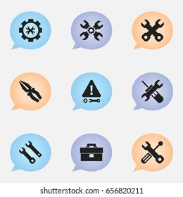 Set Of 9 Editable Toolkit Icons. Includes Symbols Such As Technical Support, Spanner, Caution And More. Can Be Used For Web, Mobile, UI And Infographic Design.