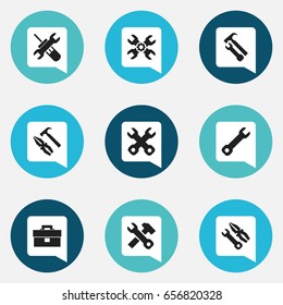 Set Of 9 Editable Toolkit Icons. Includes Symbols Such As Spanner, Portfolio, Wrench Hammer And More. Can Be Used For Web, Mobile, UI And Infographic Design.