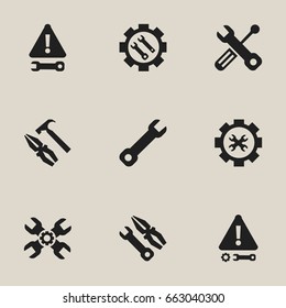 Set Of 9 Editable Toolkit Icons. Includes Symbols Such As Caution, Settings, Warning And More. Can Be Used For Web, Mobile, UI And Infographic Design.