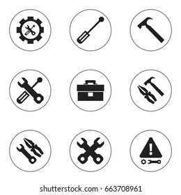 Set Of 9 Editable Toolkit Icons. Includes Symbols Such As Caution, Build Equipment, Screwdriver And More. Can Be Used For Web, Mobile, UI And Infographic Design.