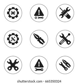 Set Of 9 Editable Toolkit Icons. Includes Symbols Such As Caution, Spanner, Instrument And More. Can Be Used For Web, Mobile, UI And Infographic Design.