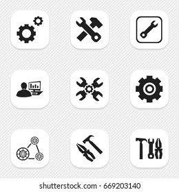 Set Of 9 Editable Toolkit Icons. Includes Symbols Such As Computer Statistics, Technical Support, Pliers Hammer And More. Can Be Used For Web, Mobile, UI And Infographic Design.