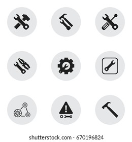 Set Of 9 Editable Toolkit Icons. Includes Symbols Such As Caution, Wrench Hammer, Wrench Repair And More. Can Be Used For Web, Mobile, UI And Infographic Design.