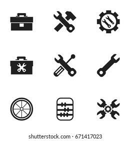 Set Of 9 Editable Toolkit Icons. Includes Symbols Such As Build Equipment, Arithmetic, Wrench And More. Can Be Used For Web, Mobile, UI And Infographic Design.