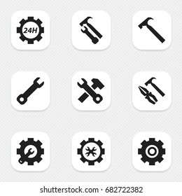 Set Of 9 Editable Toolkit Icons. Includes Symbols Such As Pliers Hammer, Gear, Wrench Hammer And More. Can Be Used For Web, Mobile, UI And Infographic Design.