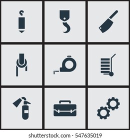 Set Of 9 Editable Tools Icons. Includes Symbols Such As Toolbox, Sprinkler, Crane And More. Can Be Used For Web, Mobile, UI And Infographic Design.