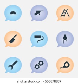 Set Of 9 Editable Tools Icons. Includes Symbols Such As Sheave, Cogwheel, Screw Wrench And More. Can Be Used For Web, Mobile, UI And Infographic Design.