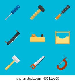 Set Of 9 Editable Tools Icons. Includes Symbols Such As Malleus, Saw, Tool And More. Can Be Used For Web, Mobile, UI And Infographic Design.