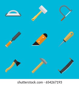 Set Of 9 Editable Tools Icons. Includes Symbols Such As Emery Paper, Hammer, Tool And More. Can Be Used For Web, Mobile, UI And Infographic Design.