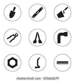 Set Of 9 Editable Tools Icons. Includes Symbols Such As Wheel Wrench, Measure, Press Instrument And More. Can Be Used For Web, Mobile, UI And Infographic Design.