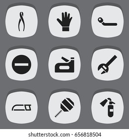 Set Of 9 Editable Tools Icons. Includes Symbols Such As Tongs, Gauntlet, Circle Spanner And More. Can Be Used For Web, Mobile, UI And Infographic Design.