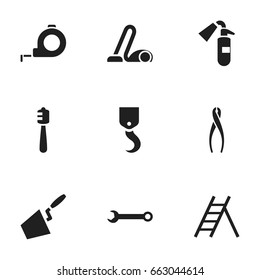 Set Of 9 Editable Tools Icons. Includes Symbols Such As Crane, Spanner, Staircase And More. Can Be Used For Web, Mobile, UI And Infographic Design.