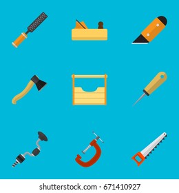 Set Of 9 Editable Tools Icons. Includes Symbols Such As Rasp, Instruments, Clinch And More. Can Be Used For Web, Mobile, UI And Infographic Design.