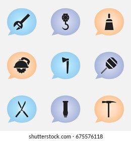 Set Of 9 Editable Tools Icons. Includes Symbols Such As Bore, Cutter Machine, Hatchet And More. Can Be Used For Web, Mobile, UI And Infographic Design.