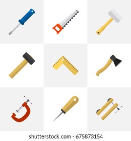 Set Of 9 Editable Tools Icons. Includes Symbols Such As Bodkin, Tool, Malleus And More. Can Be Used For Web, Mobile, UI And Infographic Design.