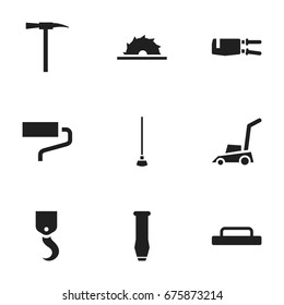 Set Of 9 Editable Tools Icons. Includes Symbols Such As Crane, Brush, Grass Cutting Machine And More. Can Be Used For Web, Mobile, UI And Infographic Design.