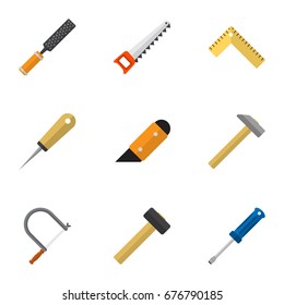 Set Of 9 Editable Tools Icons. Includes Symbols Such As Malleus, Hammer, Bodkin And More. Can Be Used For Web, Mobile, UI And Infographic Design.