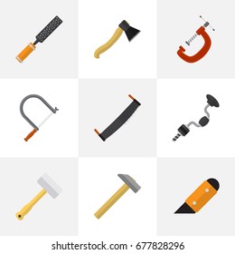 Set Of 9 Editable Tools Icons. Includes Symbols Such As Knife, Clinch, Boer And More. Can Be Used For Web, Mobile, UI And Infographic Design.