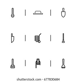 Set Of 9 Editable Tools Icons. Includes Symbols Such As Glass Cutter, Tool, Winch And More. Can Be Used For Web, Mobile, UI And Infographic Design.