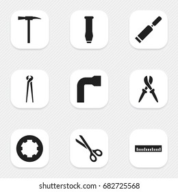 Set Of 9 Editable Tools Icons. Includes Symbols Such As Putty Knife, Wheel Wrench, Pliers And More. Can Be Used For Web, Mobile, UI And Infographic Design.