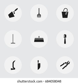 Set Of 9 Editable Tools Icons. Includes Symbols Such As Press Instrument, Trowel, Honey Stick And More. Can Be Used For Web, Mobile, UI And Infographic Design.