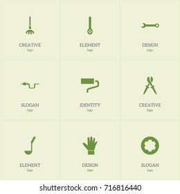 Set Of 9 Editable Tools Icons. Includes Symbols Such As Pliers, Screw Head, Pipe And More. Can Be Used For Web, Mobile, UI And Infographic Design.