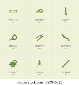 Set Of 9 Editable Tools Icons. Includes Symbols Such As Press Instrument, Band, Jackknife. Can Be Used For Web, Mobile, UI And Infographic Design.