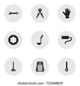 Set Of 9 Editable Tools Icons. Includes Symbols Such As Spanner, Harrow, Shredder And More. Can Be Used For Web, Mobile, UI And Infographic Design.
